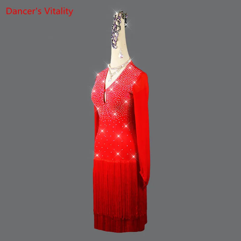 Women's Red Rhinestone Long Sleeve Fringe Latin Dance Dress