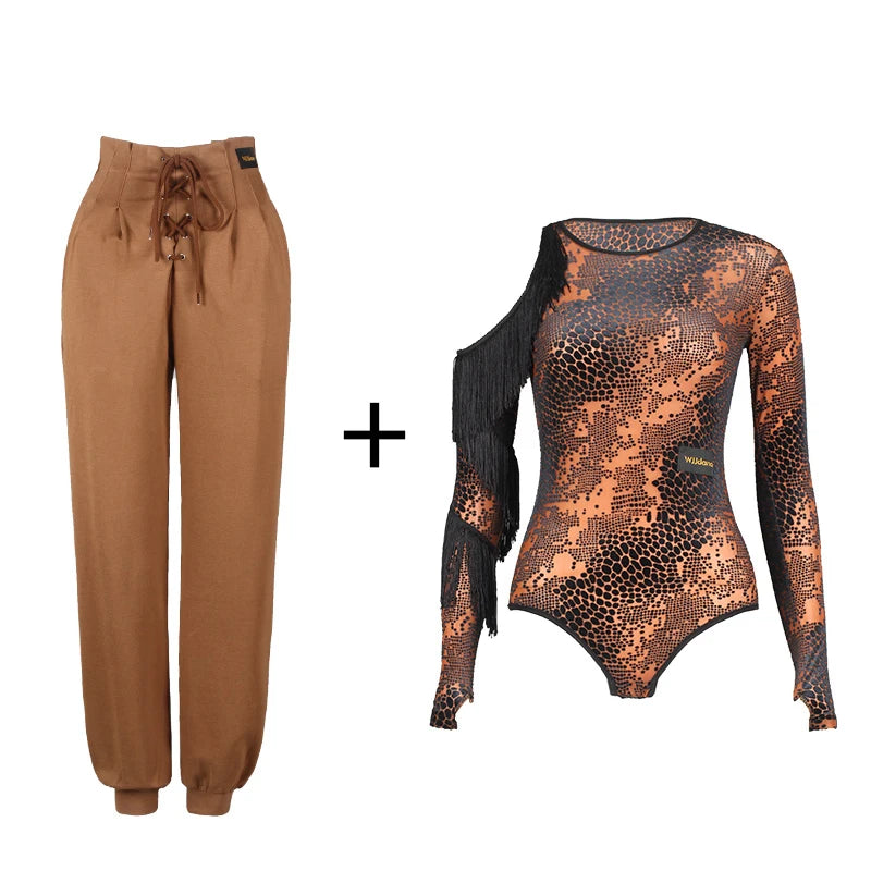 Women's Black & Orange Snake Print Long Sleeve Bodysuit with Fringe, Latin Dance