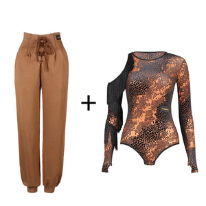 Women's Black & Orange Snake Print Long Sleeve Bodysuit with Fringe, Latin Dance