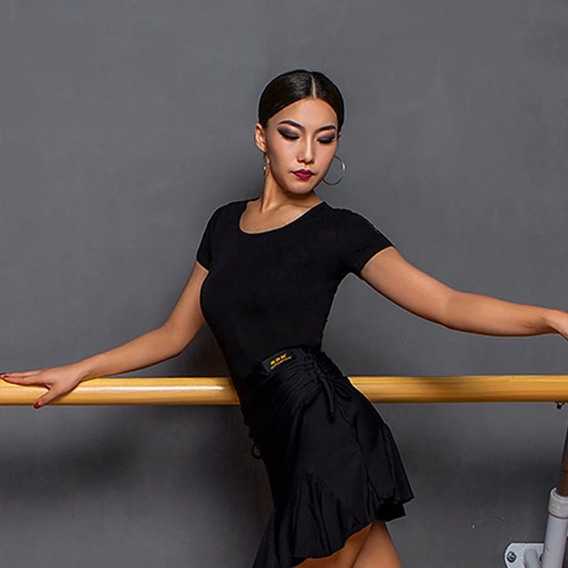 Women's Black Long Sleeve Round Neck Dance Top with Drawstring Skirt