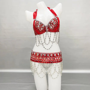 Belly Dance Costume Women's Gold Sequin Beaded Halter Bra and Hip Scarf Set with Chain Fringe