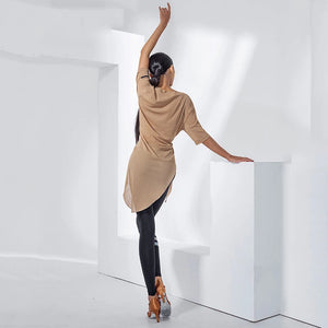 Women's Tan & Black Asymmetrical Knit Top with Twisted Front for Latin Dance