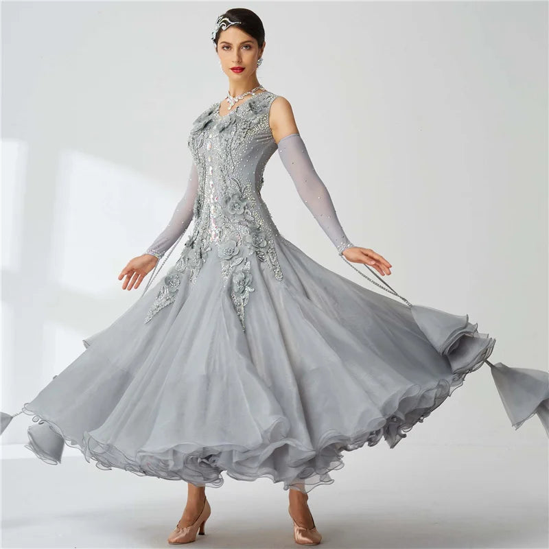 Women's Ballroom Smooth Waltz Tango Dress Gray For Competition