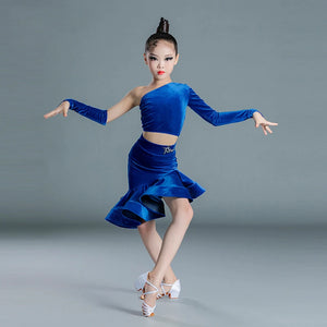 Girls' Blue and Green Velvet One-Shoulder Long Sleeve Ruffled Skirt Latin Dance Dress