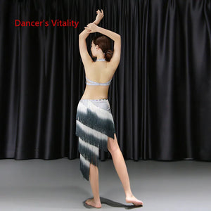 Belly Dance Costume Women's White & Grey Fringe Sequin Asymmetrical Skirt & Bra Top Set for Performance