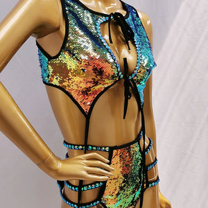 Sequined Cut-Out Bodysuit, Women's Multi-Color Sequin & Black Lycra, Open Back & Side Straps, Jazz Dance Performance Costume