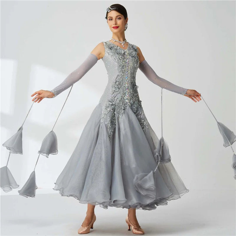 Women's Ballroom Smooth Waltz Tango Dress Gray For Competition