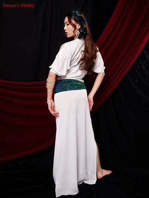 Belly Dance Dress Women's White Long Sleeve Sequin Sash Slit Skirt Set