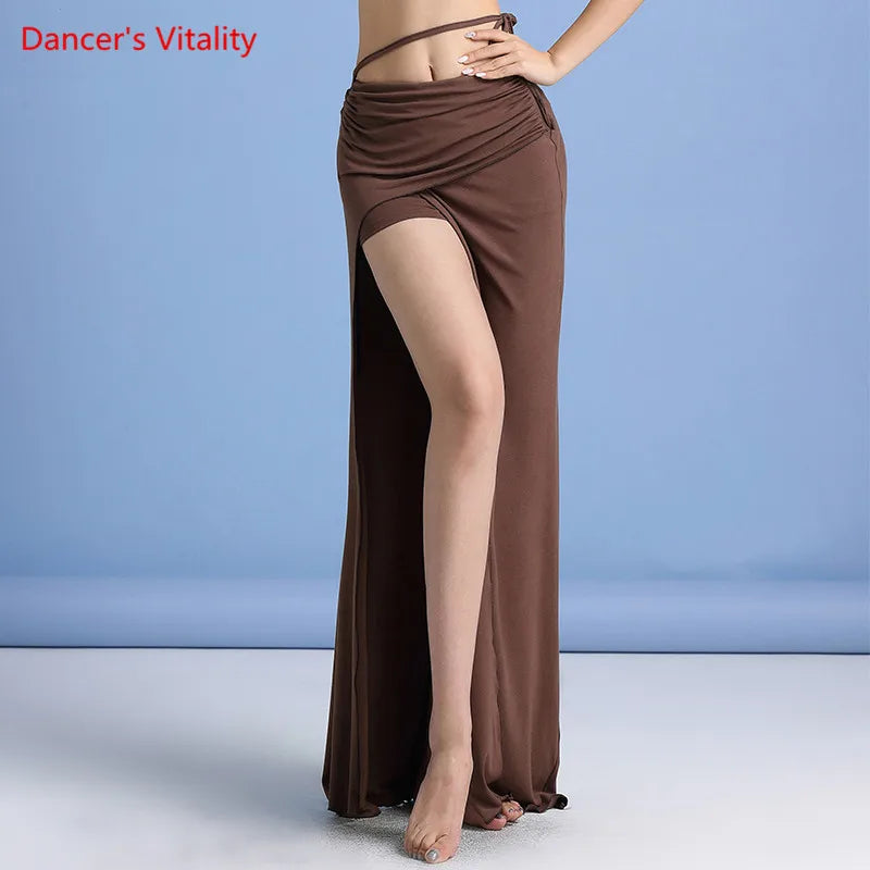 Belly Dance Skirt, Women's, Burgundy, High Slit Tie-Waist Ruched Maxi Skirt, Belly Dance