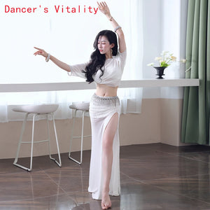 Belly Dance Costume Women's White Chiffon Crop Top and High Slit Skirt Set with Beaded Hip Scarf for Performance