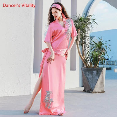 Belly Dance Dress Women Purple Satin Embroidered Kaftan with Slit and Waistband for Oriental Dance