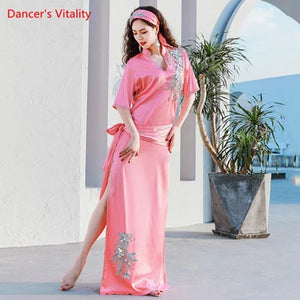 Belly Dance Dress Women Purple Satin Embroidered Kaftan with Slit and Waistband for Oriental Dance
