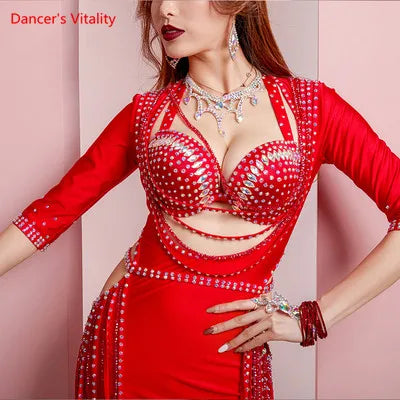 Women's Belly Dance Costume 3-Piece Set With Rhinestone Headband, Top And Long Tassel Skirt For Performance