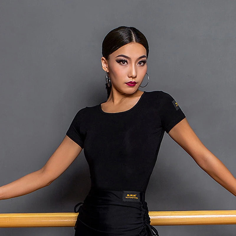 Women's Black Long Sleeve Round Neck Dance Top with Drawstring Skirt