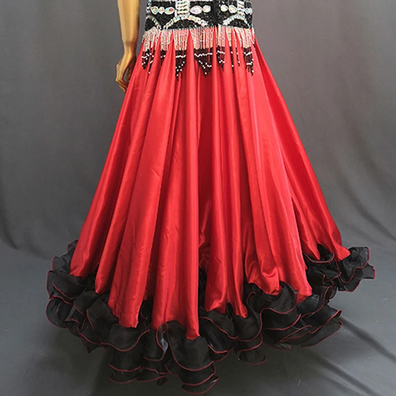 Women's Red and Black Ruffled Satin and Organza Belly Dance Skirt with Beaded Hip Scarf for Performance