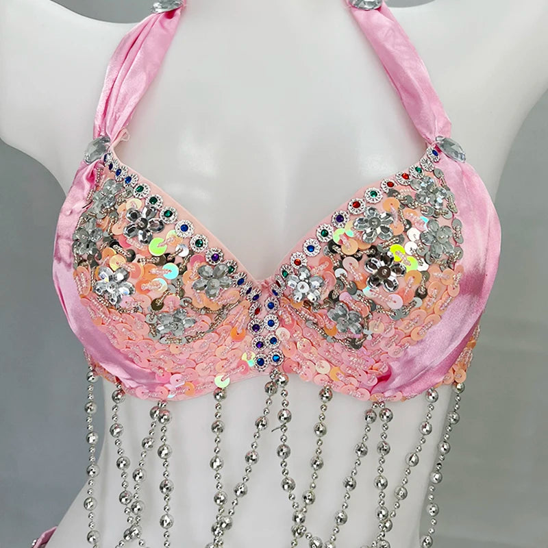 Belly Dance Costume Women's Gold Sequin Beaded Halter Bra and Hip Scarf Set with Chain Fringe