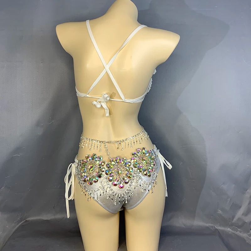 Women's White Iridescent Rhinestone Flower Bra and Bikini Set with Draping Chains, Belly Dance
