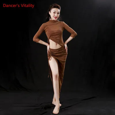 Women's Purple Shimmer Mesh Crop Top & Ruched Slit Skirt Set, Belly Dance Costume