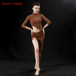 Women's Purple Shimmer Mesh Crop Top & Ruched Slit Skirt Set, Belly Dance Costume