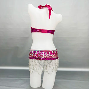 Belly Dance Costume Women's Gold Sequin Beaded Halter Bra and Hip Scarf Set with Chain Fringe