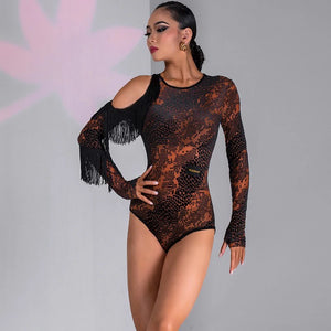 Women's Black & Orange Snake Print Long Sleeve Bodysuit with Fringe, Latin Dance