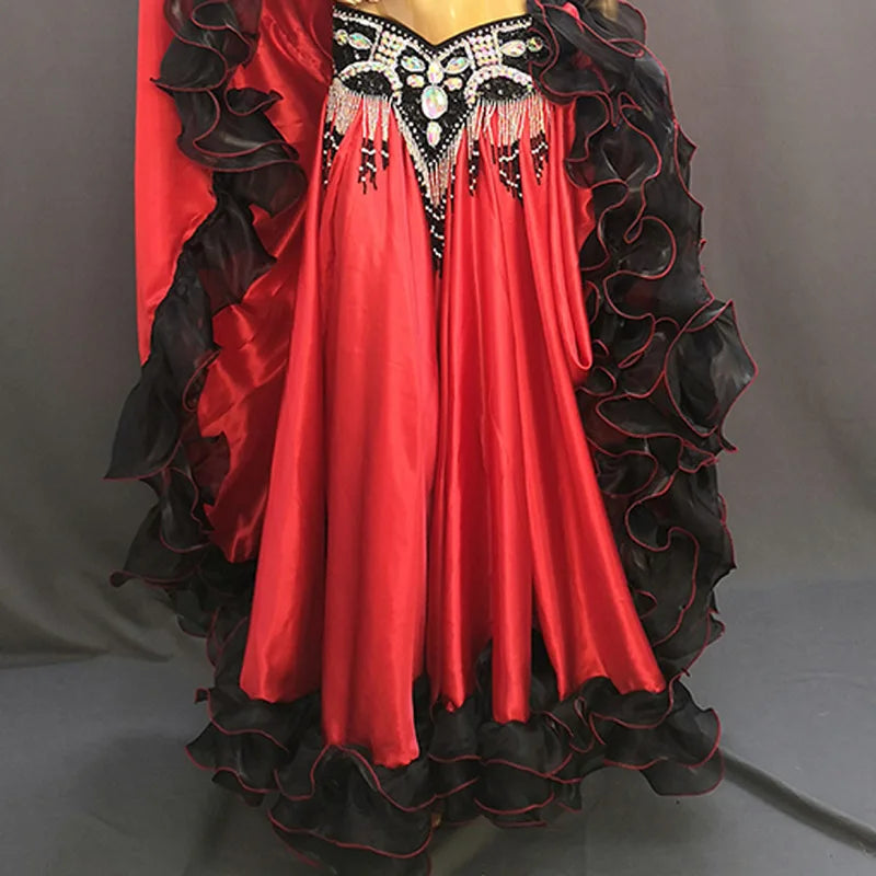 Women's Red and Black Ruffled Satin and Organza Belly Dance Skirt with Beaded Hip Scarf for Performance