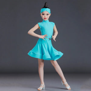 Girls' Aqua Latin Dance Dress with Headband, Short Sleeve, Ballroom Rumba Cha Cha Samba