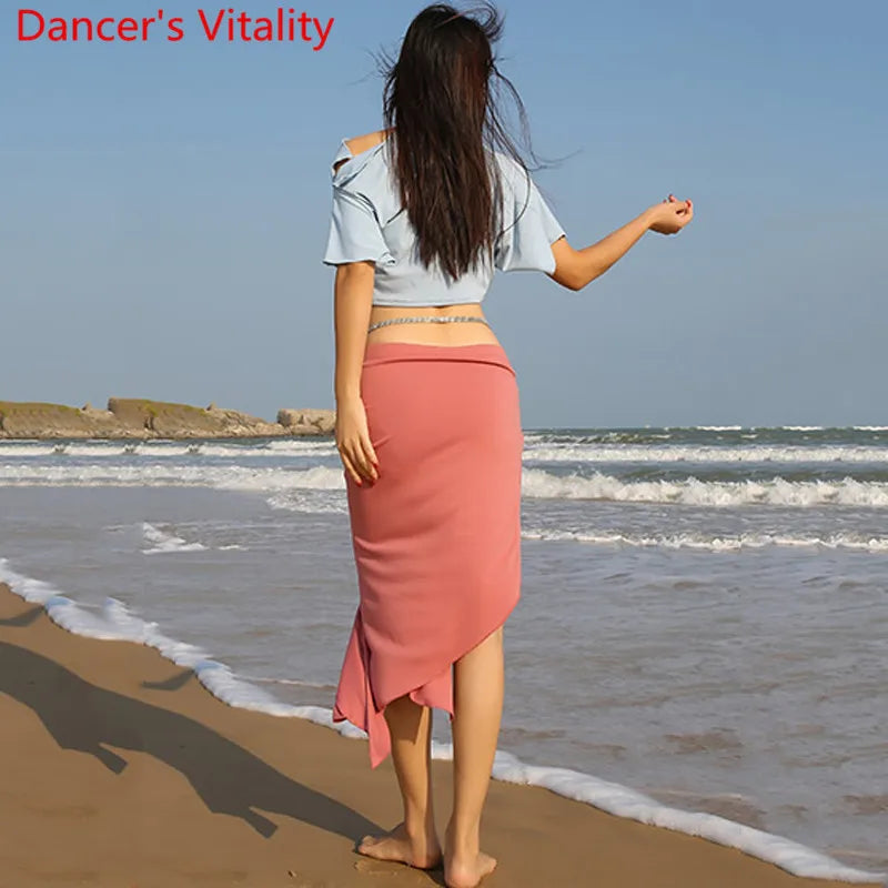 Women's Pink Crop Top and Ruched Slit Skirt Set with Rhinestone Waist Chain for Belly Dance