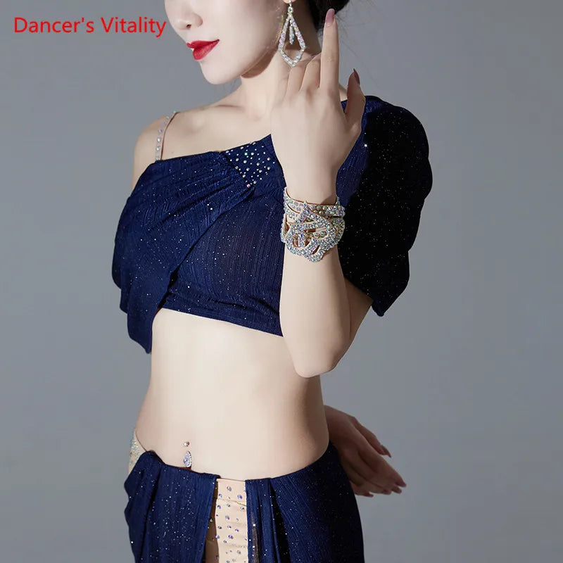 Belly Dance Costume Women's Navy Blue Sparkle Off-Shoulder Top and Skirt Set with Rhinestone Heart Belt