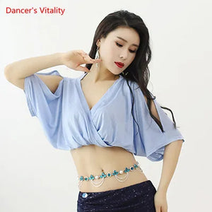 Women's Light Blue Crop Top & Navy Sequin Slit Skirt Belly Dance Costume