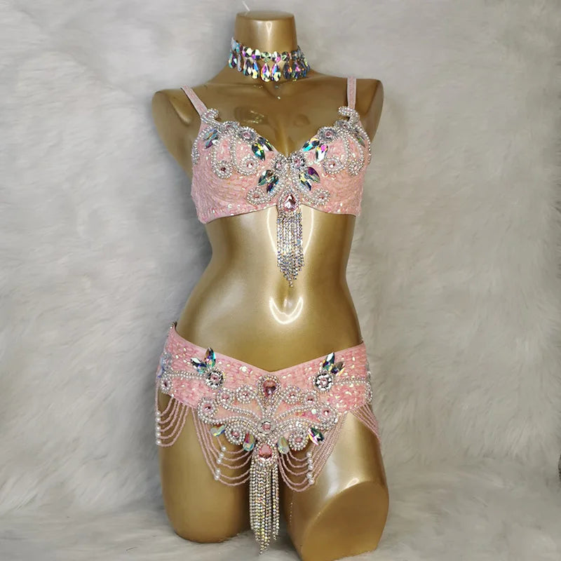Belly Dance Costume Women's White Sequin & Rhinestone Choker Bra Belt Set with Beaded Fringe
