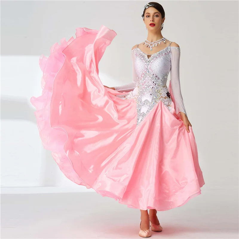 Girls' Long Ballroom Dance Dress With Pearl Embellishment For Competition