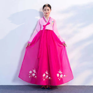 Women's Pink Hanbok Dress with Embroidered Flowers and Birds