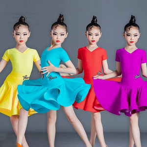 Girls Latin Dance Dress, Yellow, Blue, Red, Purple V-Neck Short Sleeve Ruffled Skirt, Performance Ballroom Dancewear