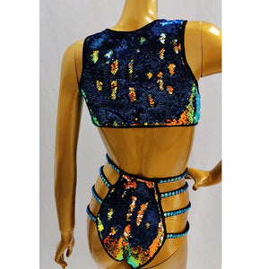 Sequined Cut-Out Bodysuit, Women's Multi-Color Sequin & Black Lycra, Open Back & Side Straps, Jazz Dance Performance Costume