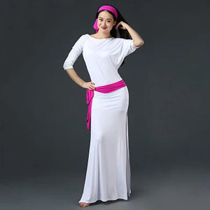 Belly Dance Dress Women's Black & Pink Long Sleeve Side Slit Baladi Saidi Folkloric Dress with Headband and Hip Scarf