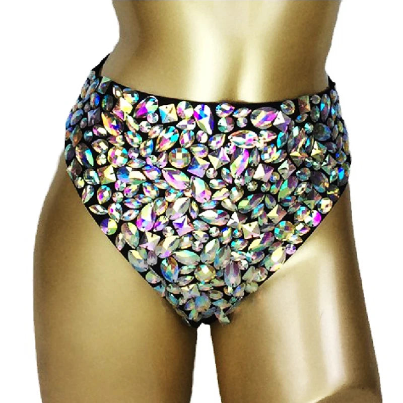 High-Waisted Women's Iridescent Rhinestone Embellished Black Dance Shorts, Crystal Studded Bottoms