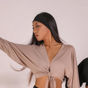 Women's Black & Brown Long Sleeve Ruched Mesh Dance Top