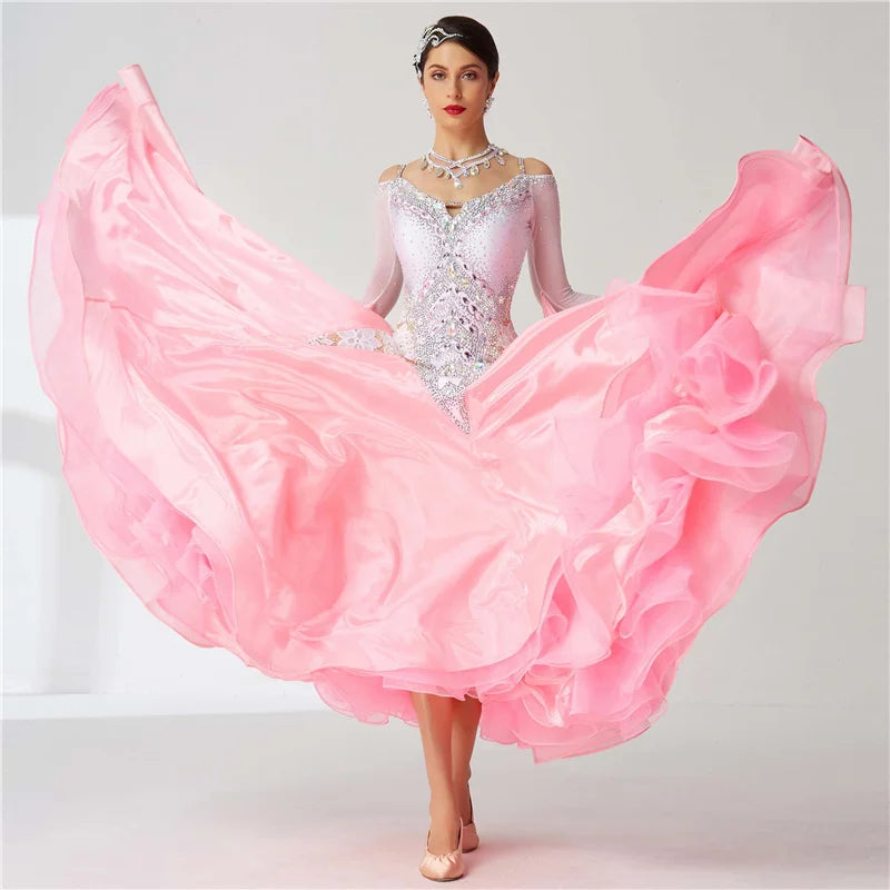 Girls' Long Ballroom Dance Dress With Pearl Embellishment For Competition
