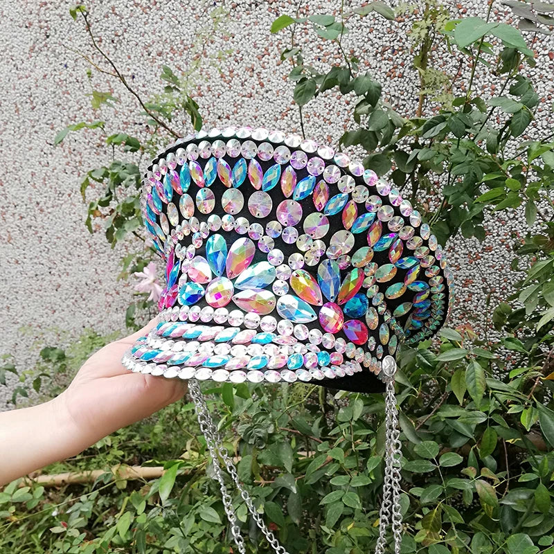 Rhinestone Embellished Military Hat, White, Sparkly Crystal Gemstone Studded, Festival Dance Accessory