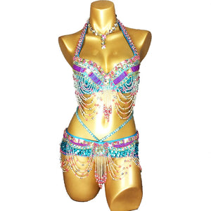 Belly Dance Costume Women's White Beaded Halter Bra and Belt Set with Iridescent Sequins and Dangling Chains