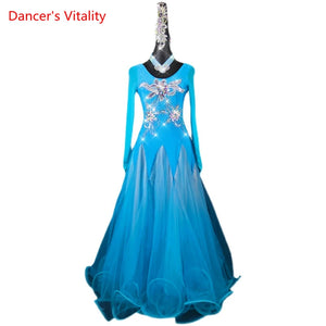 Ballroom Dance Dress Women's Blue Rhinestone Mesh Long Sleeve Tulle Gown Standard Dance