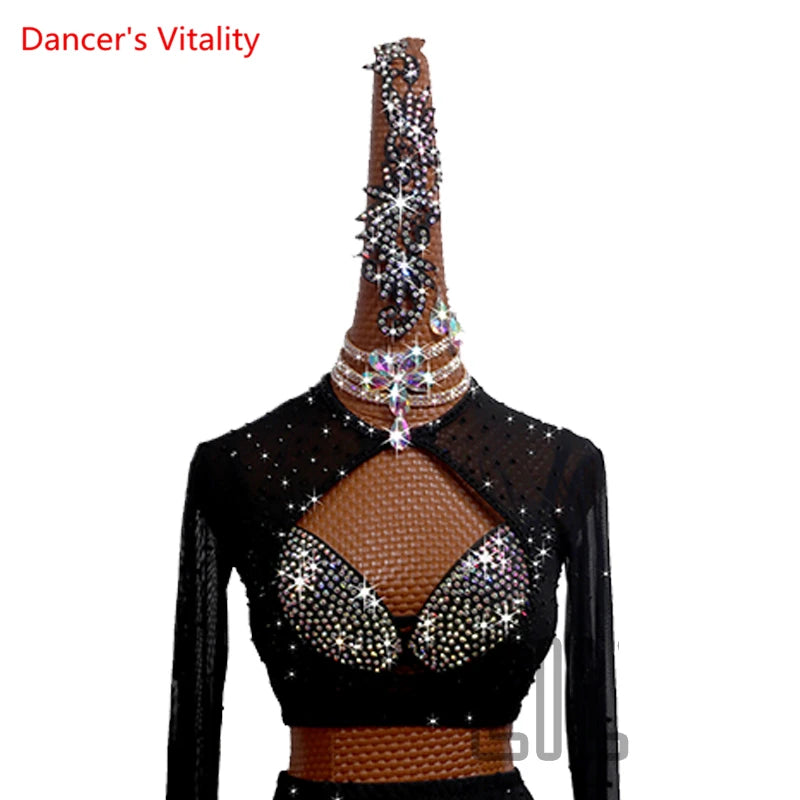 Latin Dance Costume Women's Black Rhinestone Mesh Long Sleeve Crop Top and High Waist Shorts