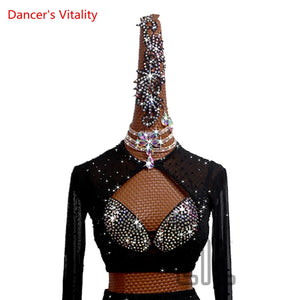 Latin Dance Costume Women's Black Rhinestone Mesh Long Sleeve Crop Top and High Waist Shorts