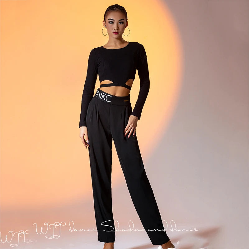 Women's Black Cut-Out Long Sleeve Crop Top and Pleated Wide Leg Dance Pants Set, Pinko Branded