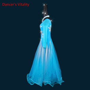 Ballroom Dance Dress Women's Blue Rhinestone Mesh Long Sleeve Tulle Gown Standard Dance