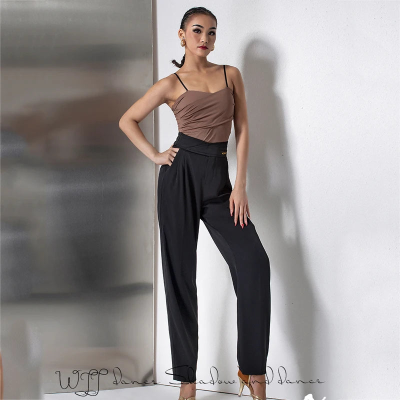 Women's Black Long Sleeve Cutout Crop Top & Black Logo Print High-Waisted Dance Pants Set, Stretch Fabric