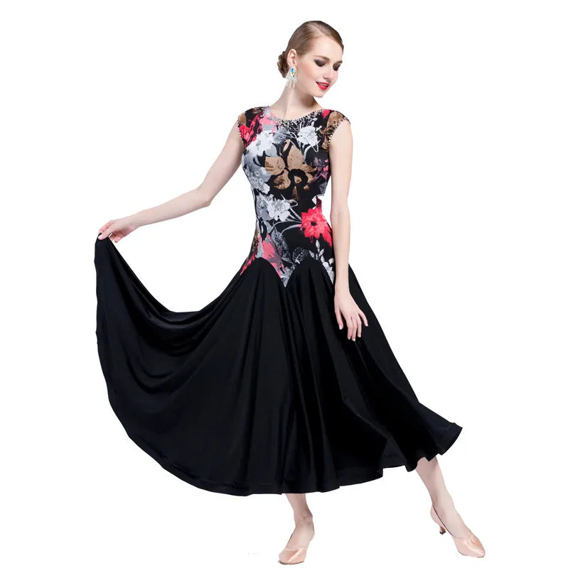Women's Ballroom Practice Dress With Floating Hem And Printed Pattern For Adults
