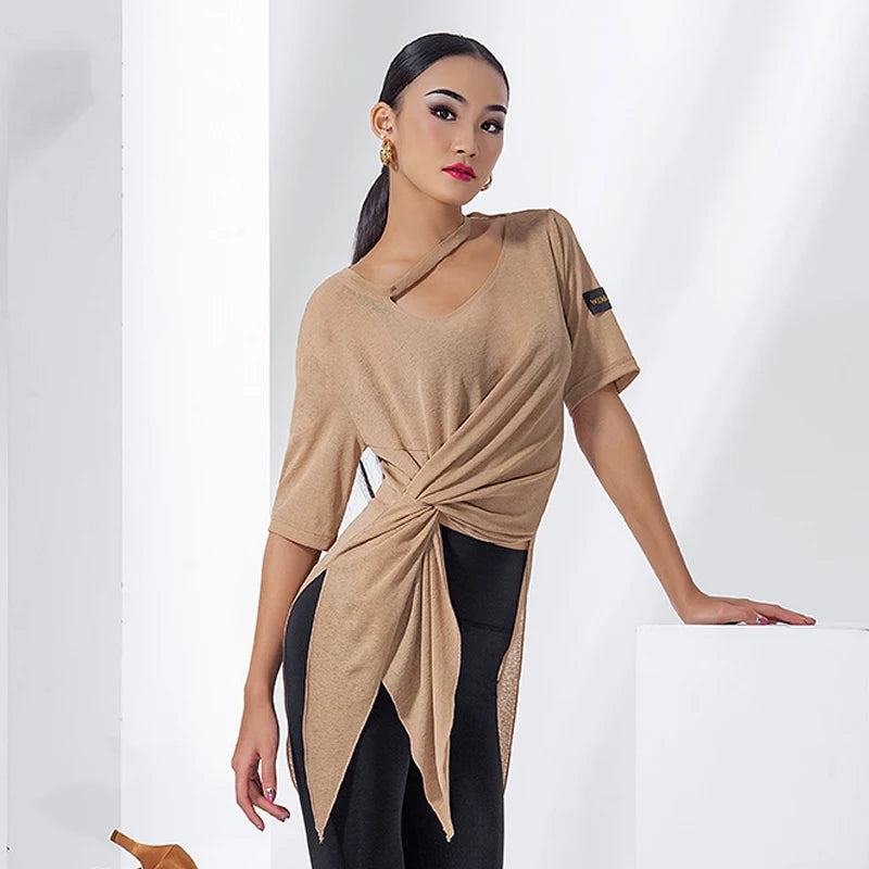 Women's Tan & Black Asymmetrical Knit Top with Twisted Front for Latin Dance