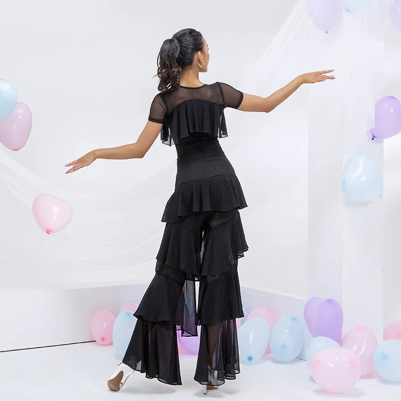 Women's Black Tiered Chiffon Latin Dance Pants